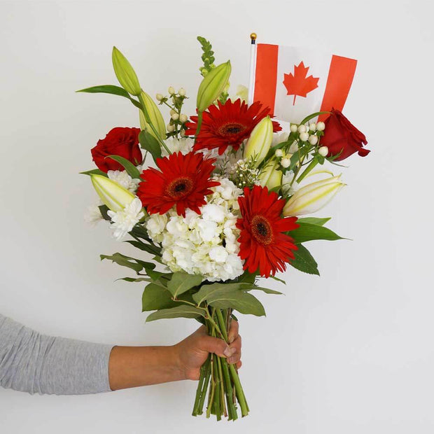 This luxurious bouquet of vibrant red and pristine white flowers serves as an ideal gift to congratulate someone on their new permanent residency or citizenship.
