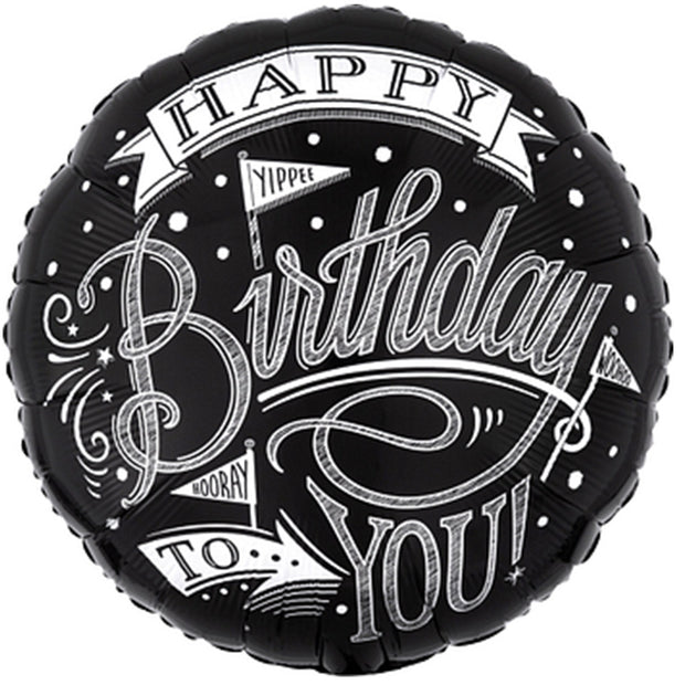 "Happy Birthday Chalkboard" helium balloon - vintage chalk design for birthday celebrations.