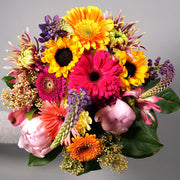 The florist designs with seasonal flowers a beautiful hand tied bouquet, using gerberas, chrysanthemums, disbuds, alstroemerias, snapdragons and filler flowers surrounded by greenery