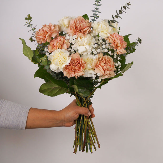 Carnations bouquet. These gorgeously fluffy blooms are still a favourite flower for any occasion; accented with baby's breath, the pretty tiny white flower.