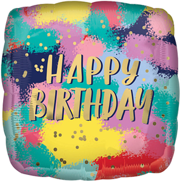 "Happy Birthday Painted" helium balloon with artistic brushstroke designs for birthday wishes.