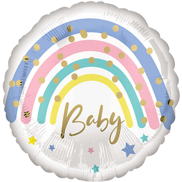 "Pastel Rainbow Baby" helium balloon with soft-colored spectrum, ideal for celebrating newborns.