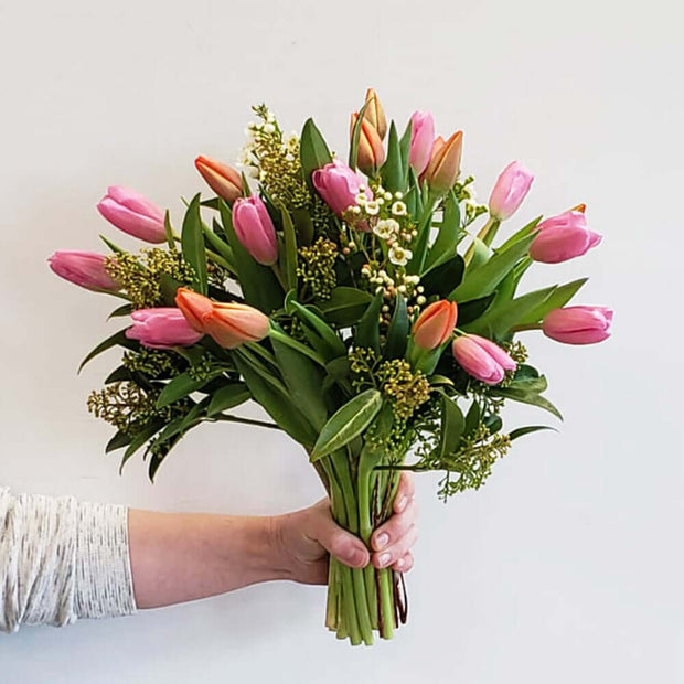 Bunches of tulips in assorted colours mixed with green skimmia.