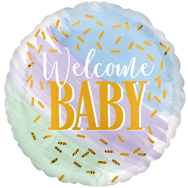 "Welcome Baby" helium balloon, perfect for celebrating a new addition to the family.